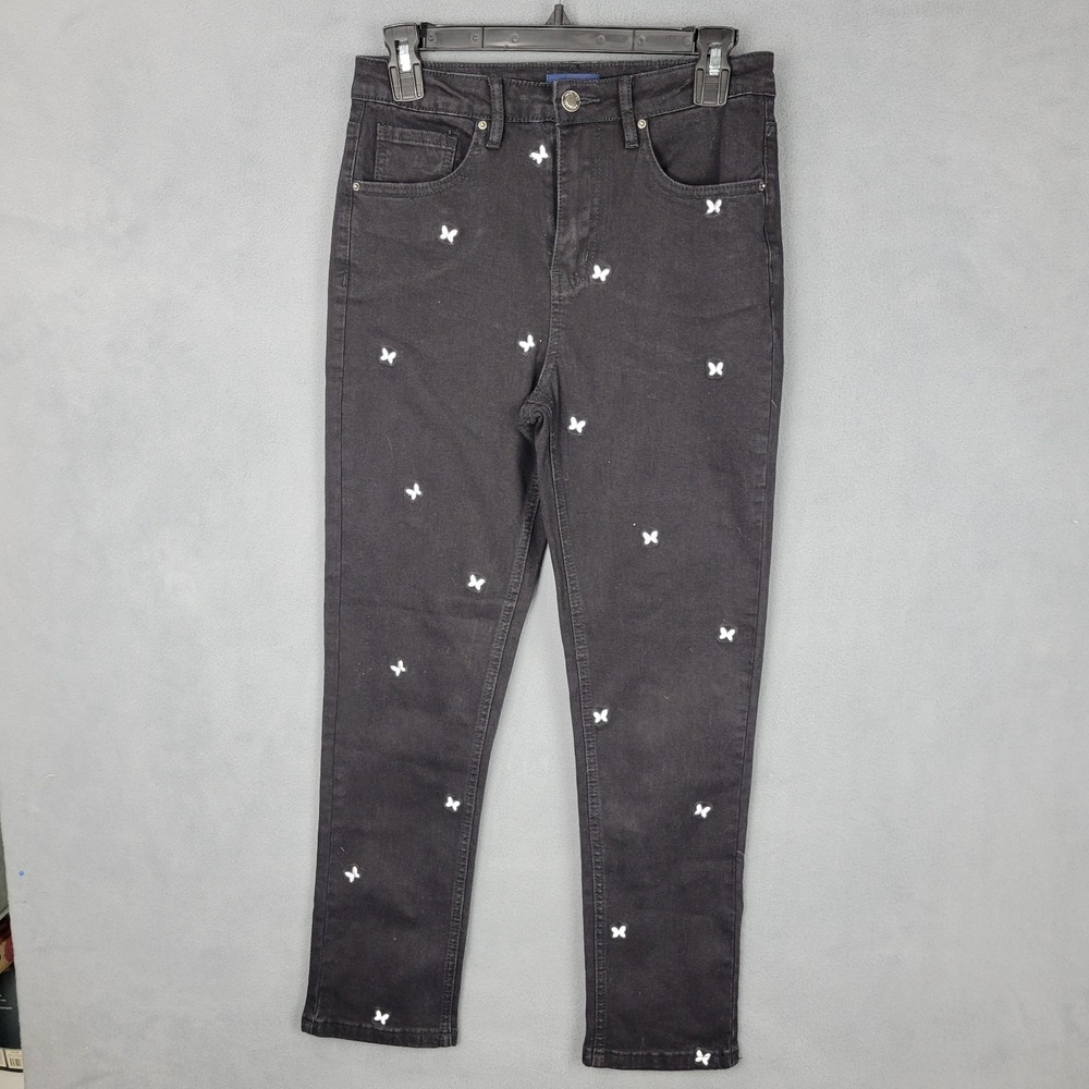 Angel Kiss Mom Jeans Women 1/25 Black Denim Embroidered Butterfly Cotton Stretch